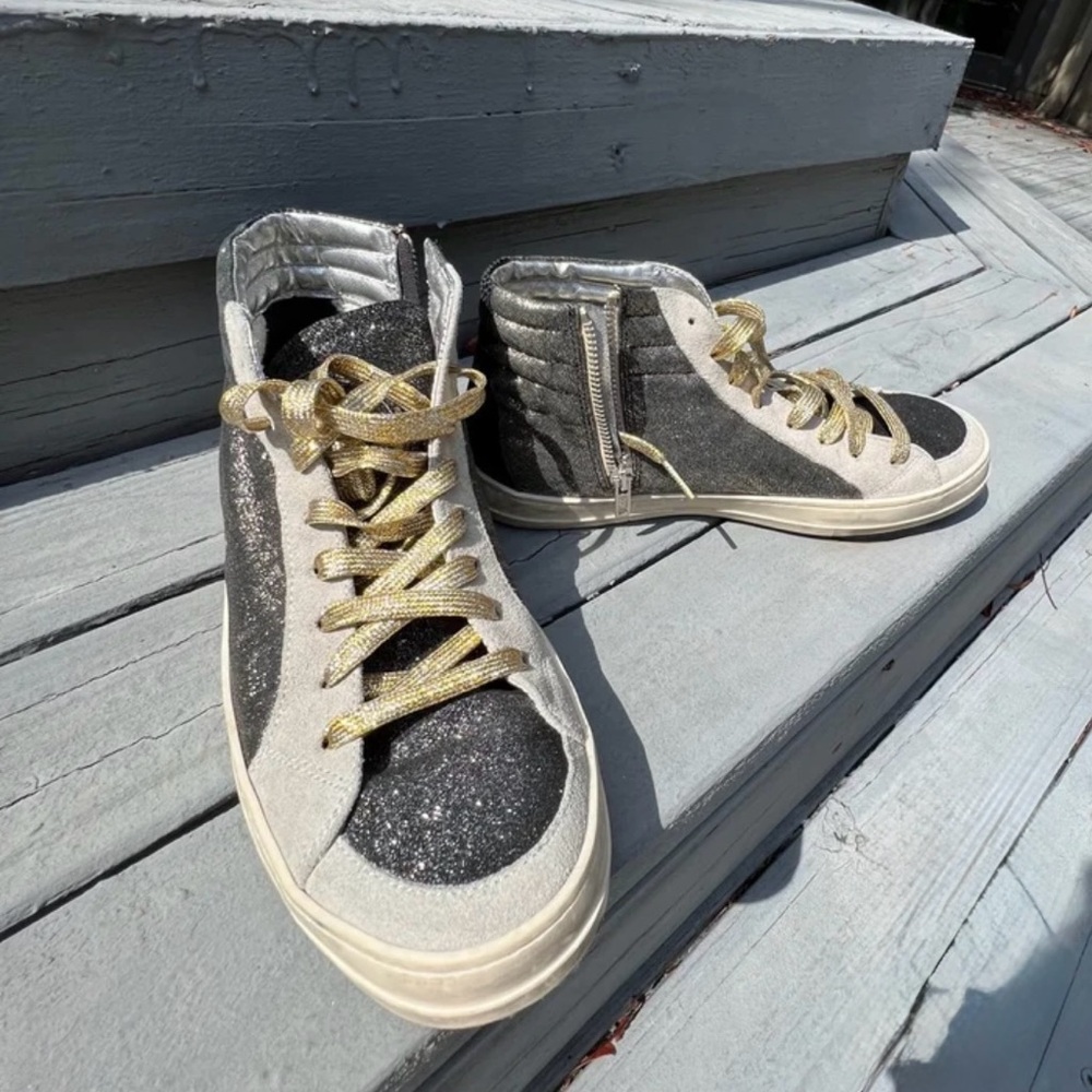P448 Glitter High-Top Skate Sneakers with Gold Laces